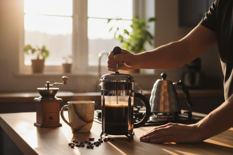someone brewing a french press in a kitchen
